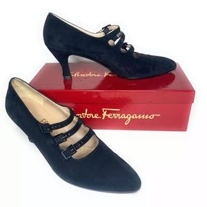 Salvatore Ferragamo Black Suede Maryjane Heels 9.5 AA.
